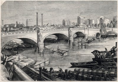 Transformaciones de París bajo el Segundo Imperio, Haussmann París: obras realizadas frente al puente del Alma en París para el paso del colector de alcantarillado en el fondo del Sena. Dibujo de Jules Pelcoq. Grabado en "El Universo Ilustre". de Jules Pelcoq
