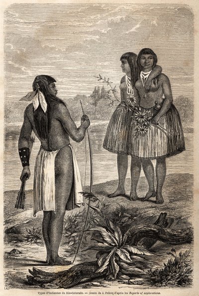 Tipo de indio del Río Colorado, dibujo de Jules Pelcoq, para ilustrar la historia del viaje del Barón de Wogan a California en 1850-1852. Grabado en "Le tour du monde, nouveau journal des voyages" París de Jules Pelcoq