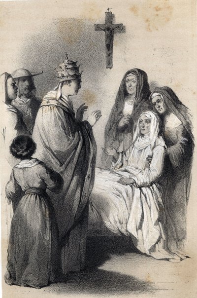 Representación de Santa Clara de Asís (c. 1192-1253), fundadora de la orden religiosa de las clarisas en "Las mujeres ilustres de Europa". Por la condesa Drohojowska, de nombre Symon de Latreiche. Dibujos ilustrativos de Jules David y Raunheim. Hacia 1850 de Jules and Raunheim Hermann David