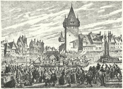 El Hirsebreifahrt, transporte de un cargamento de mijo por barco desde Zúrich al aliado de la ciudad, Estrasburgo de Jules Theophile (after) Schuler