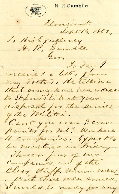 Carta firmada por Julian Bates, Florissant, a Su Excelencia H.R. Gamble, 16 de septiembre de 1862 de Julian Bates