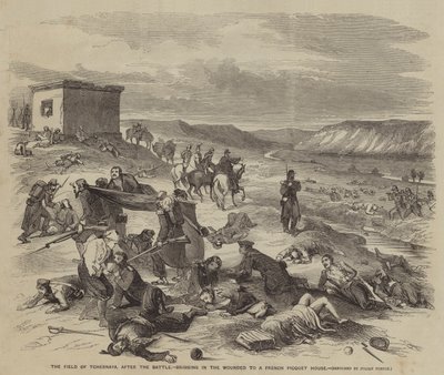 El campo de Tchernaya, después de la batalla, llevando a los heridos a una casa de piquete francesa de Julian Portch
