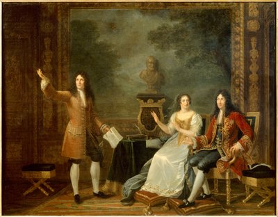 Jean Racine (1639-1699) leyendo "Athalie" ante Luis XIV (1638-1715) y Françoise d