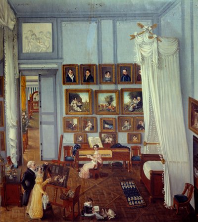 Vista interior de la residencia del Caballero Pradel de San Carlos Una gran cama con dosel adorna la habitación utilizada como taller. Un niño juega y una joven está delante de un piano. Pintura de Julie Pradel (siglo XIX) 1820 Colección privada de Julie Pradel