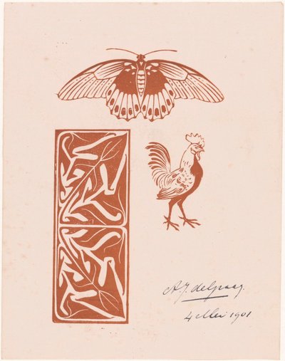 Mariposa, gallo y follaje de Julie de Graag (signed by artist)