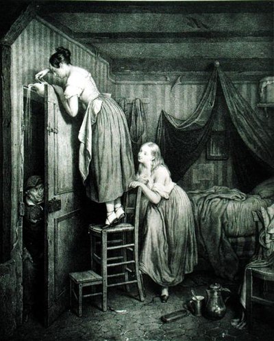 El curioso castigado, grabado por Alphonse Leon Noel de Julien (after) Vallou de Villeneuve