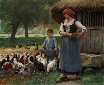 Chica de granja alimentando pollos de Julien Dupre