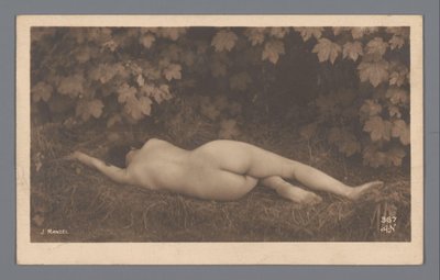 Desnudo femenino visto de espaldas, tumbado en la hierba de Julien Mandel