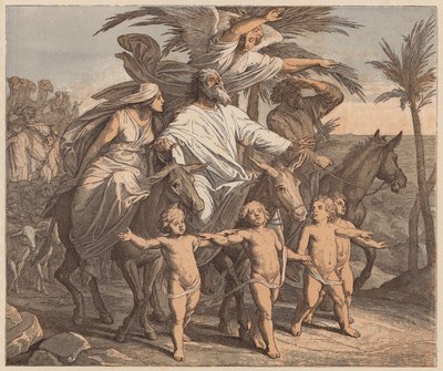 Abraham contemplando la Tierra Prometida, Génesis, XII, 7 (grabado coloreado) de Julius (after) Schnorr von Carolsfeld
