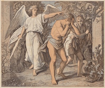 Adán y Eva expulsados del Paraíso, Génesis, III, 23, 24 (grabado coloreado) de Julius (after) Schnorr von Carolsfeld