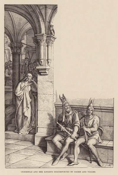 Criemhild y sus caballeros incomodados por Hagen y Volker (grabado) de Julius (after) Schnorr von Carolsfeld
