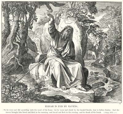 Elías Alimentado por los Cuervos (grabado) de Julius (after) Schnorr von Carolsfeld