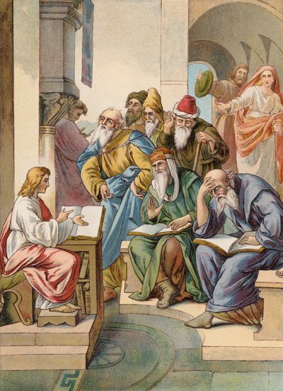 Jesús con los ancianos en el Templo (litografía en color) de Julius (after) Schnorr von Carolsfeld