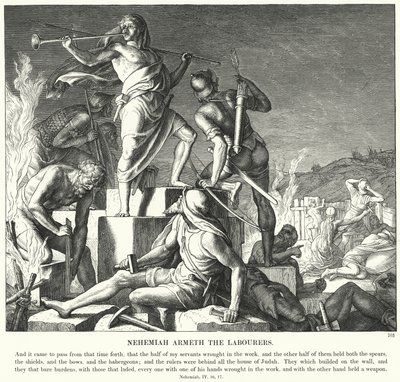 Nehemías arma a los trabajadores (grabado) de Julius (after) Schnorr von Carolsfeld