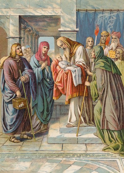 Presentación de Jesús en el Templo (litografía en color) de Julius (after) Schnorr von Carolsfeld