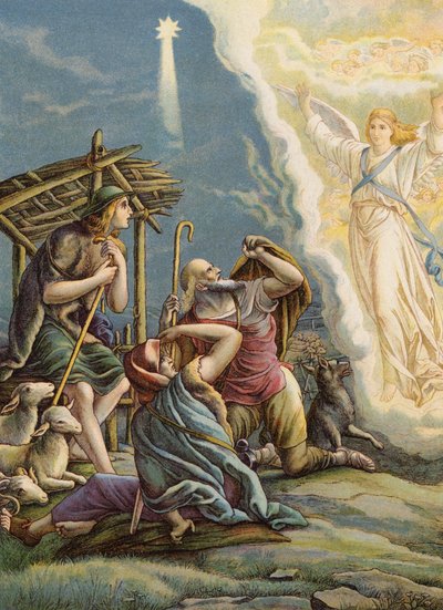 Pastores reciben la buena nueva (litografía en color) de Julius (after) Schnorr von Carolsfeld