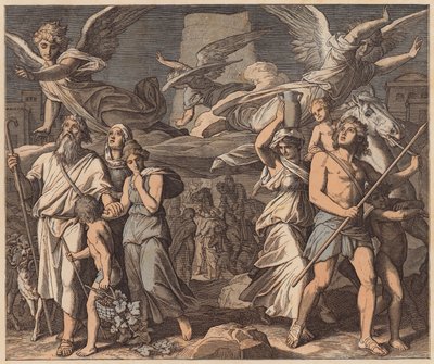 La confusión de las lenguas, Génesis, XI, 7 (grabado coloreado) de Julius (after) Schnorr von Carolsfeld