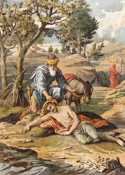 El buen samaritano (litografía en color) de Julius (after) Schnorr von Carolsfeld