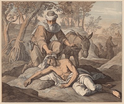 El buen samaritano, San Lucas, X, 33, 34 (grabado coloreado) de Julius (after) Schnorr von Carolsfeld