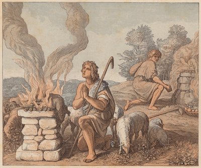 Las ofrendas de Caín y Abel, Génesis, IV, 3, 4 (grabado coloreado) de Julius (after) Schnorr von Carolsfeld
