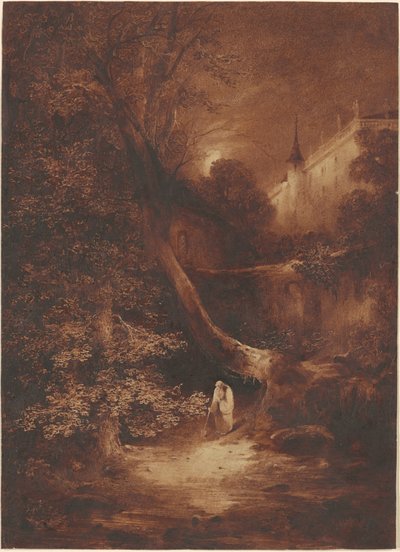 Paisaje a la luz de la luna con un monje caminando cerca de un palacio de Julius Albert Elsasser