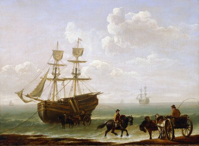 Un ladrillo atrapado en la orilla, descargado en carros. Óleo sobre lienzo, hacia 1790, de Julius Caesar Ibbetson (1759-1817). de Julius Caesar Ibbetson