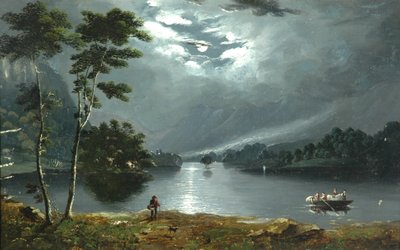 Ferry, Windermere, mirando al norte y lago a la luz de la luna de Julius Caesar Ibbetson