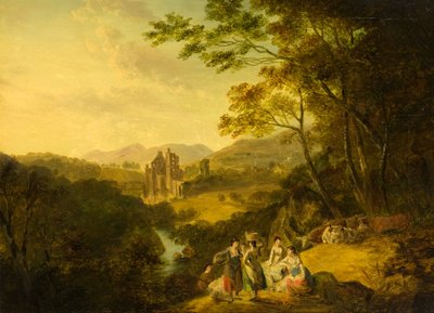 Castillo de Rosslyn con lavanderas y ganado, c.1800 de Julius Caesar Ibbetson