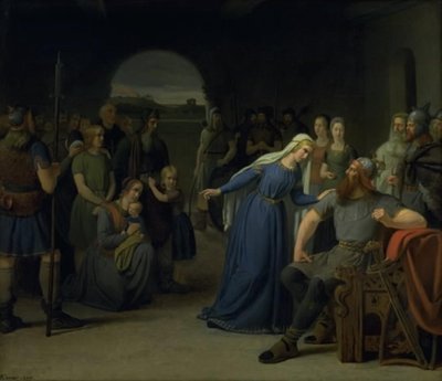 La reina danesa Thyra Danebod tratando de ablandar el corazón de su esposo, Gorm el Viejo, hacia algunos cautivos cristianos de Julius Exner