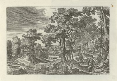 Paisaje con robo al viajero Paisajes con escenas de la parábola del buen samaritano (título de serie) de Julius Goltzius