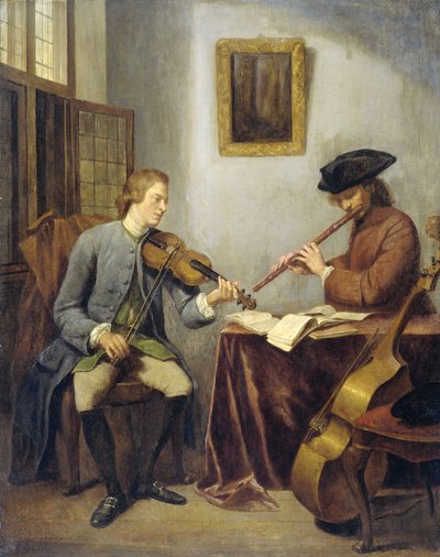 Los músicos, un violinista y un flautista haciendo música juntos de Julius Henricus Quinkhard