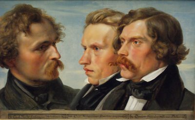 Joven Düsseldorf. Retrato de grupo de los pintores Karl Friedrich Lessing, Carl Ferdinand Sohn y Theodor Hildebrandt, 1839 de Julius Huebner