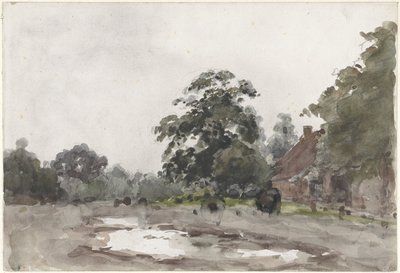 Granja bajo altos árboles con agua en primer plano de Julius Jacobus van de Sande Bakhuyzen