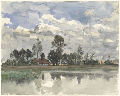 Árboles reflejados en el agua en un cielo nublado de Julius Jacobus van de Sande Bakhuyzen