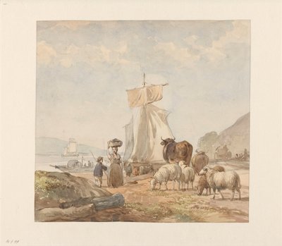Figuras con ganado cerca de la orilla del río con el ferry de Julius Jacobus van de Sande Bakhuyzen