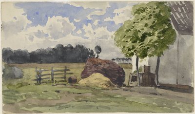 Pila de leña frente a una granja en la pradera de Julius Jacobus van de Sande Bakhuyzen