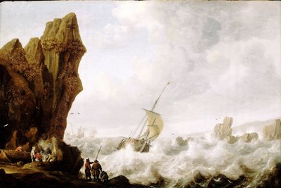 Un barco pesquero con dos mástiles (hooker) en mar turbulento, apretujado en un pasaje rodeado por una costa de rocas escarpadas. Óleo sobre madera, hacia 1620, de Julius Porcellis (1609-1645). de Julius Porcellis