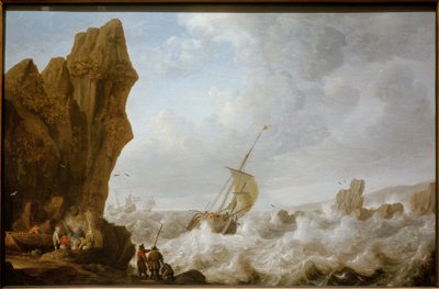Barco de pesca en mar tormentoso frente a una costa rocosa de Julius Porcellis