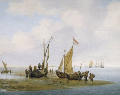 Pesca de mejillones, tres barcos pesqueros holandeses en la orilla, uno de ellos con la vela izada, y grupos de pescadores ocupados en el mantenimiento y la descarga de los barcos, más abajo en la playa, otros dos llevan cestas llenas de mejillones. de Julius Porcellis
