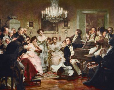 Franz Schubert (1797-1828) al piano durante una velada Schubert en un salón de Viena - grabado según Julius Schmid (1854-1935) de Julius Schmid