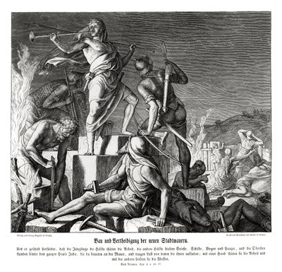 Construcción y defensa de las nuevas murallas de la ciudad, Nehemías de Julius Schnorr von Carolsfeld