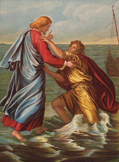 Pedro caminando sobre el mar (litografía en color) de Julius Schnorr von Carolsfeld