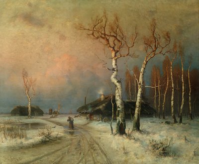 Un pueblo en un paisaje invernal boscoso (óleo) de Julius Sergius Klever