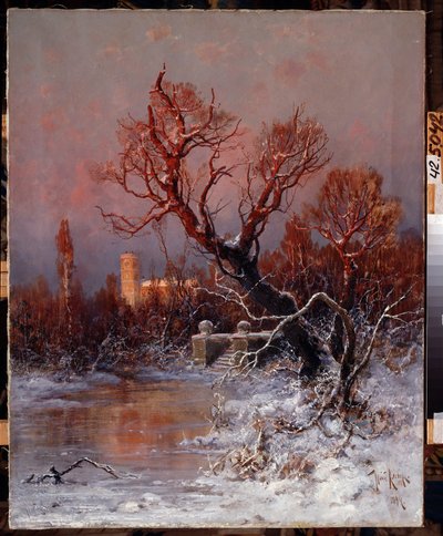 En el Parque del Palacio Gatchina Cerca de San Petersburgo. Descripción de un lago helado con escalones de piedra y árboles desnudos, con el palacio al fondo, iluminado por la cálida luz del de Julius Sergius Klever