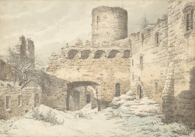 Vista invernal del patio de un castillo medieval en ruinas de Julius von Leypold