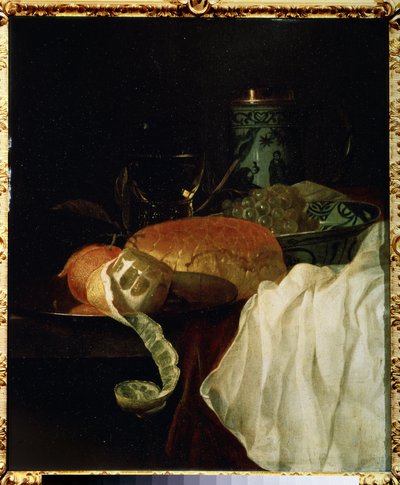 Fruta, pan y vino (Fruta, pan y vino). Pintura de Jurlaen van Streeck (1632-1687). Óleo sobre tabla, 53 x 45 cm de Jurian van Streeck or Streek