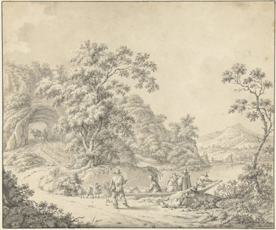 Paisaje con una barca en la que un pastor con su rebaño de Jurriaan Andriessen (attributed to)