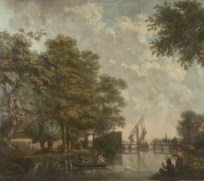 Tres tapices con un paisaje holandés Pintura de papel pintado de un paisaje holandés con un puente abierto Tres pinturas de papel tapiz de un paisaje holandés de Jurriaan Andriessen (attributed to)