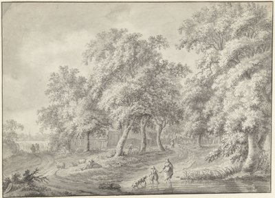 Paisaje con madre e hijo con perro vadeando una piscina de Jurriaan Andriessen (possibly)