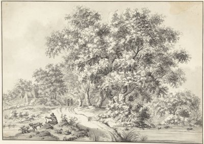 Paisaje con hombre sentado con perro y caminantes en la carretera rural de Jurriaan Andriessen (possibly)